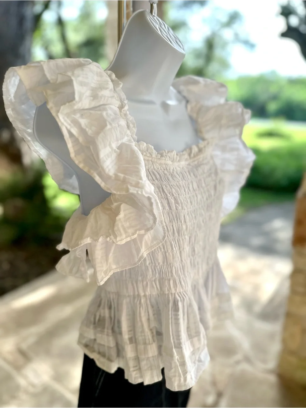 Banana Republic White Smocked Ruffle Sleeve Peplum Top
